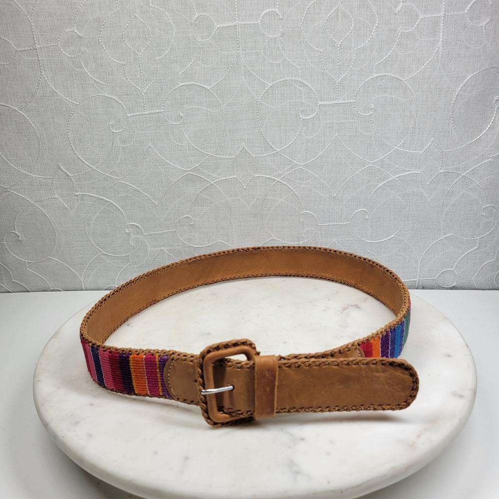 Vintage Guatemalan Woven Textile Leather Belt Sz M Multicolor Handmade Boho Folk